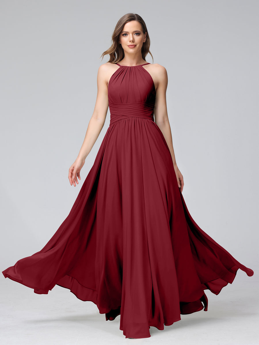A-Line Halter Sleeveless Ruched Floor-Length Chiffon Bridesmaid Dresses Wine Red