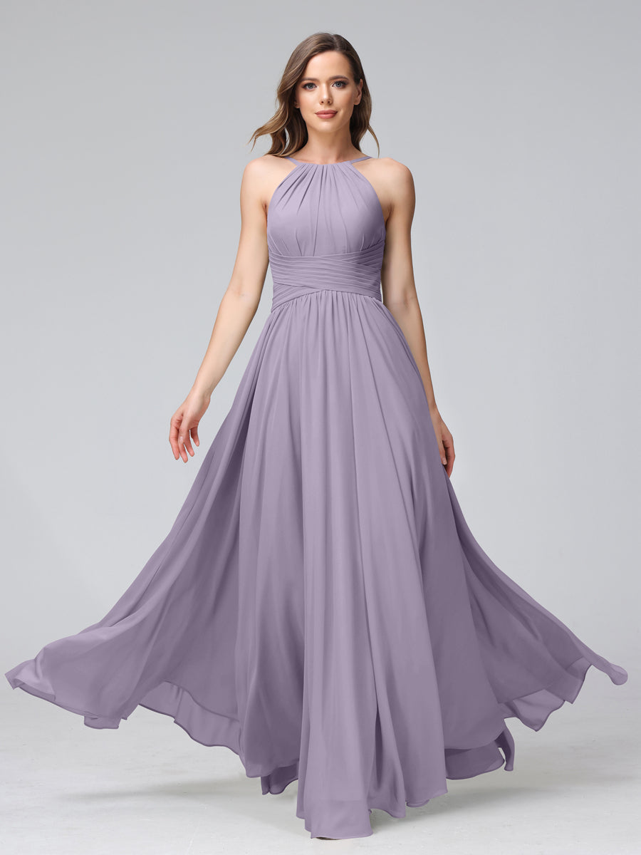 A-Line Halter Sleeveless Ruched Floor-Length Chiffon Bridesmaid Dresses Wisteria