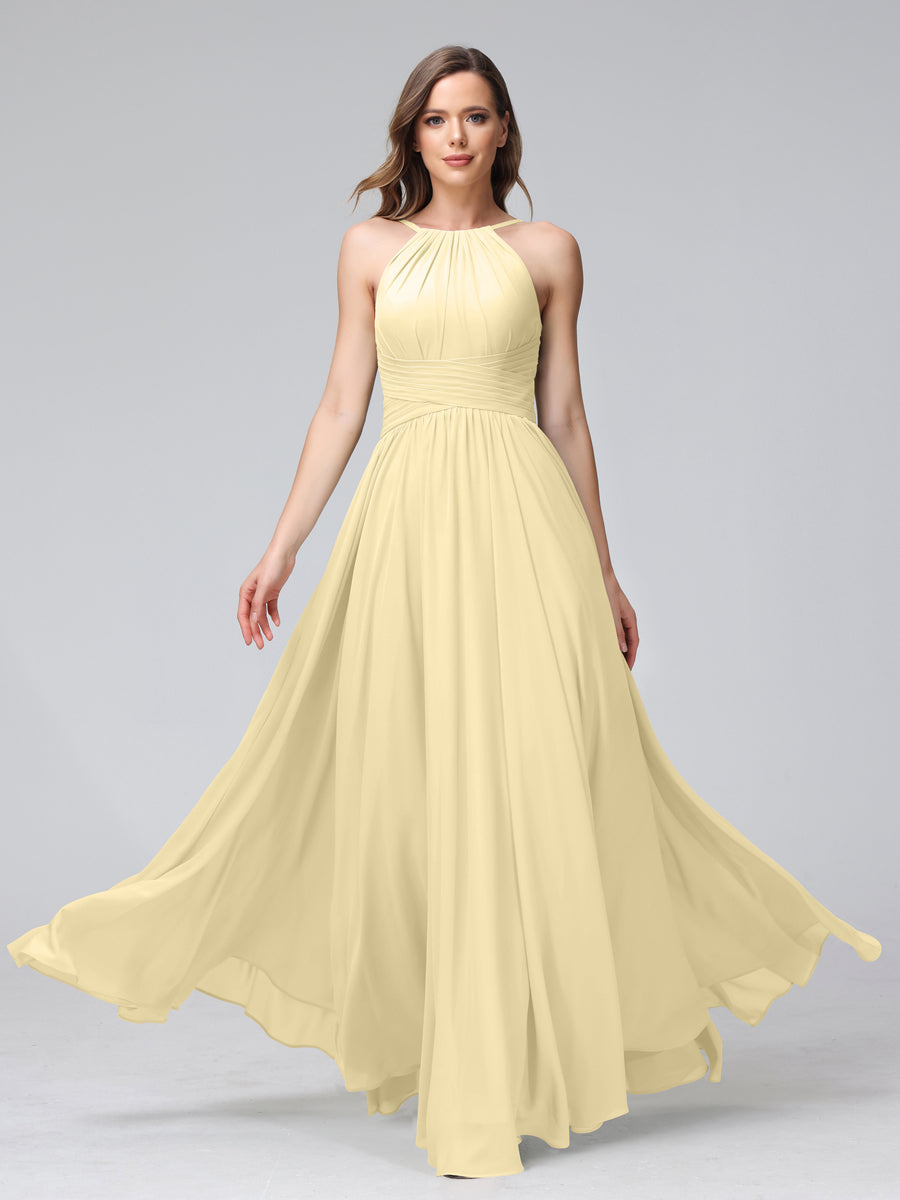 A-Line Halter Sleeveless Ruched Floor-Length Chiffon Bridesmaid Dresses Yellow