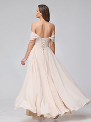 A-Line Off-the-Shoulder Sleeveless Ruched Long Chiffon Bridesmaid Dresses with Split Side