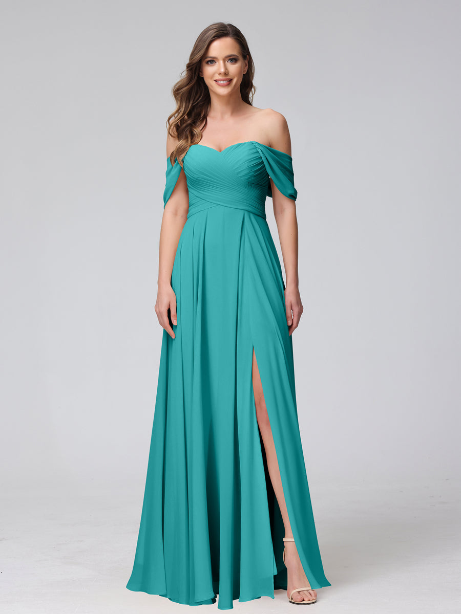 A-Line Off-the-Shoulder Sleeveless Ruched Long Chiffon Bridesmaid Dresses with Split Side Aqua Blue
