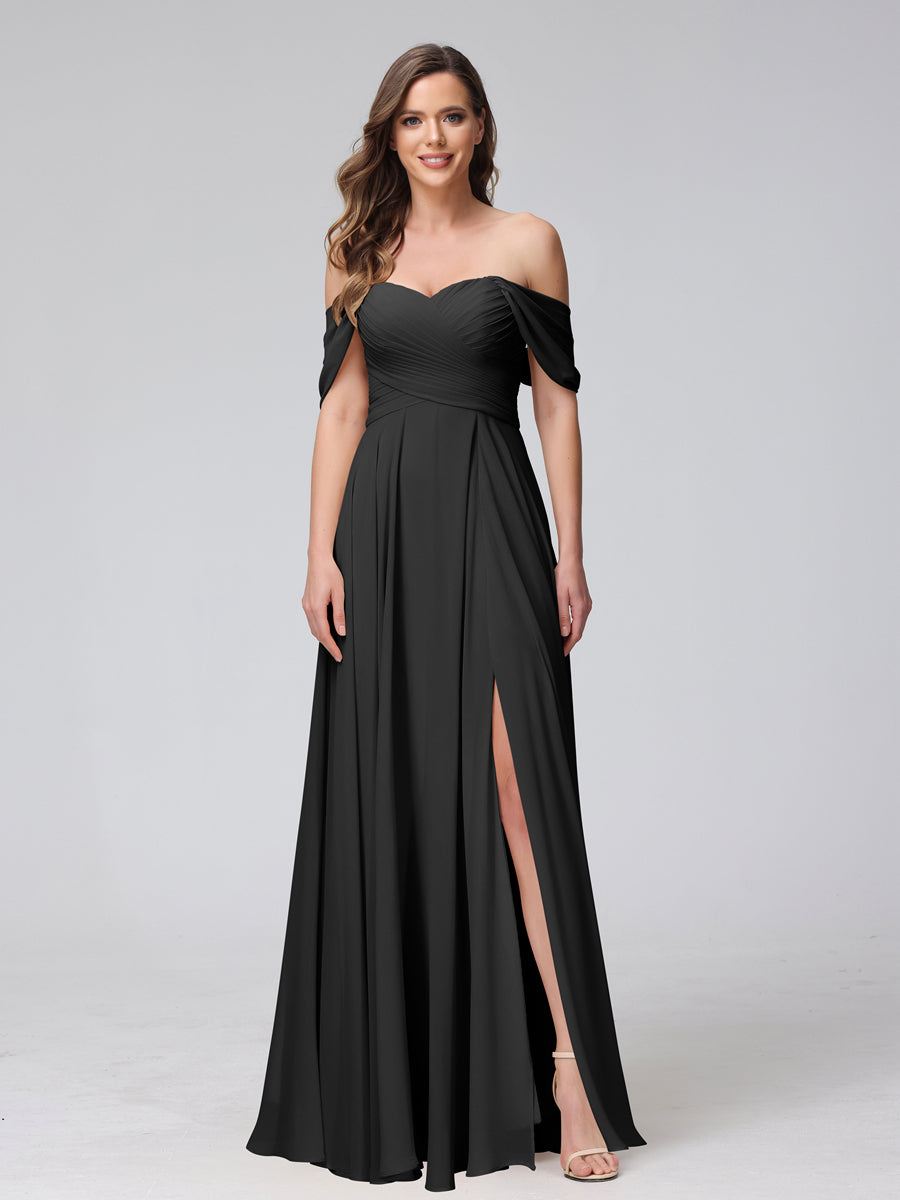 A-Line Off-the-Shoulder Sleeveless Ruched Long Chiffon Bridesmaid Dresses with Split Side Black