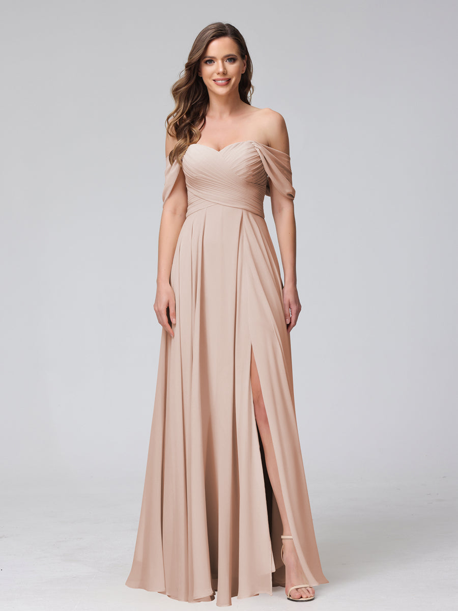 A-Line Off-the-Shoulder Sleeveless Ruched Long Chiffon Bridesmaid Dresses with Split Side Blush Pink