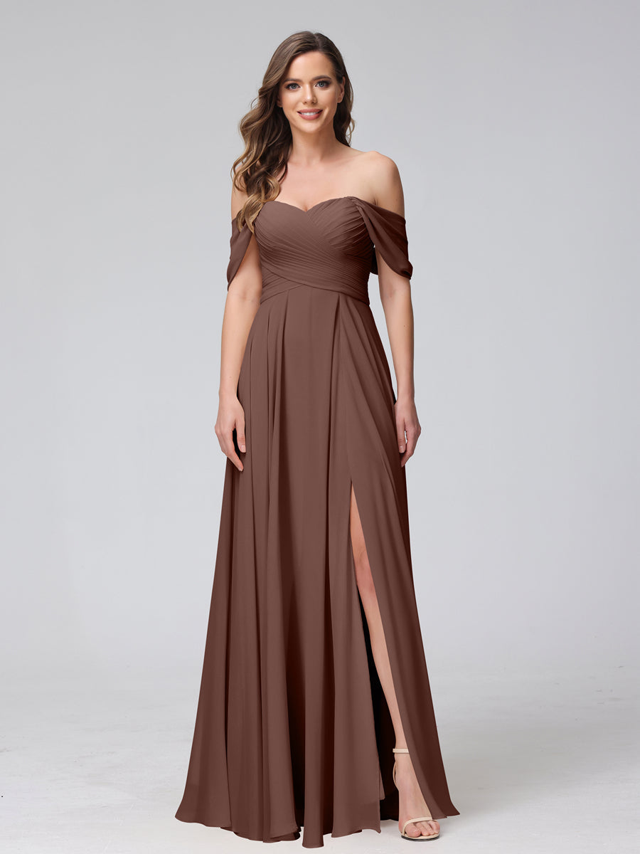 A-Line Off-the-Shoulder Sleeveless Ruched Long Chiffon Bridesmaid Dresses with Split Side Brown