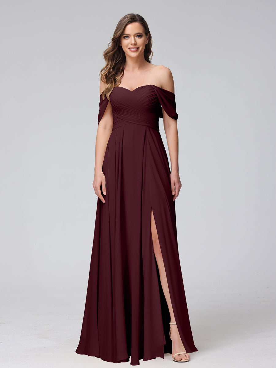 A-Line Off-the-Shoulder Sleeveless Ruched Long Chiffon Bridesmaid Dresses with Split Side Burgundy