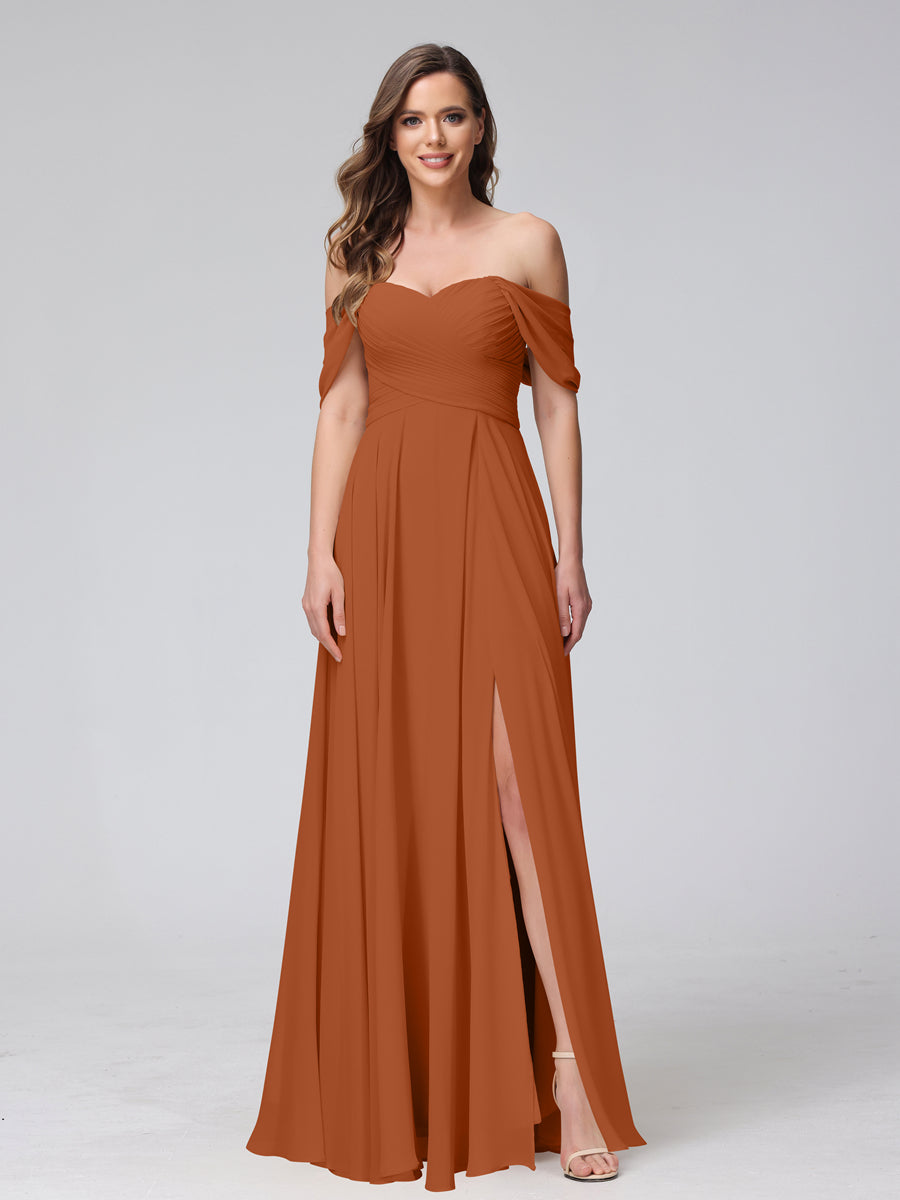 A-Line Off-the-Shoulder Sleeveless Ruched Long Chiffon Bridesmaid Dresses with Split Side Burnt Orange