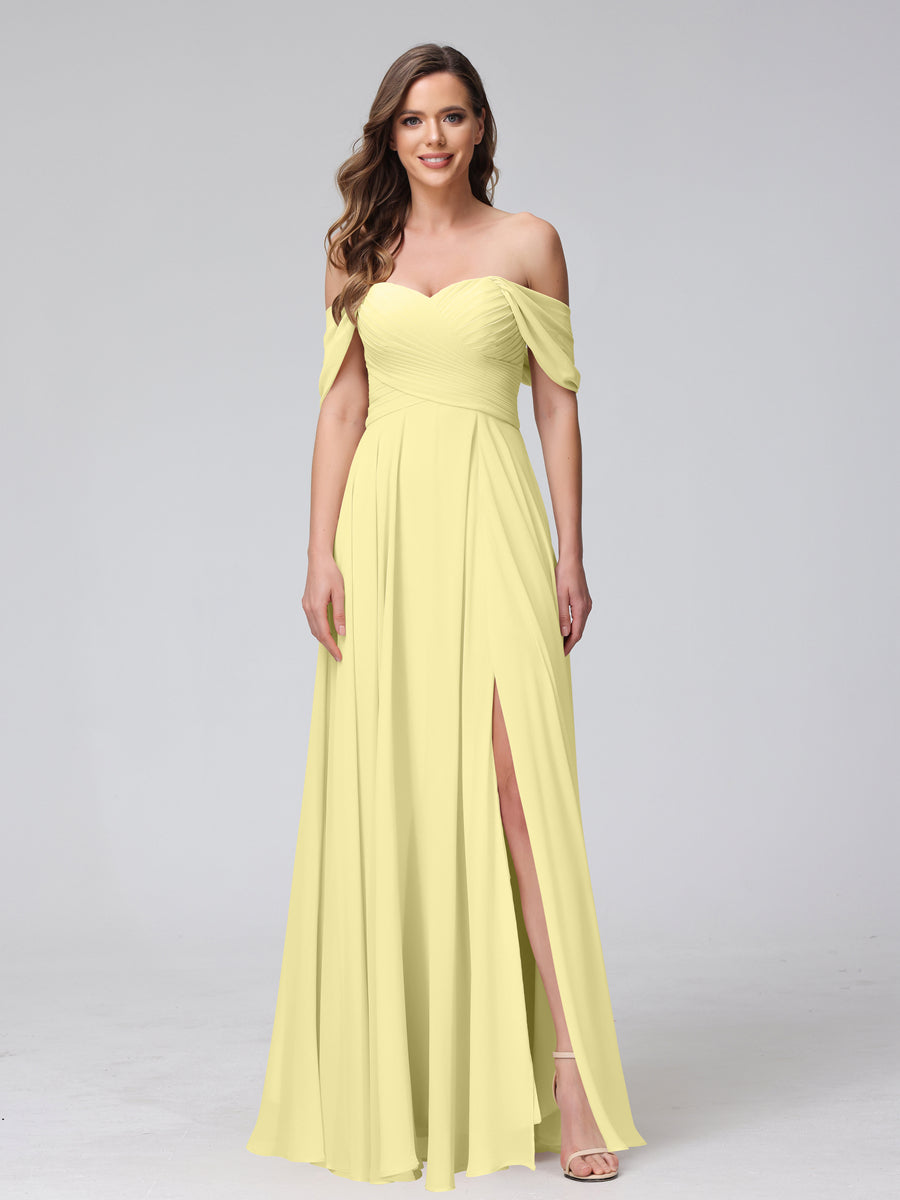 A-Line Off-the-Shoulder Sleeveless Ruched Long Chiffon Bridesmaid Dresses with Split Side Canary