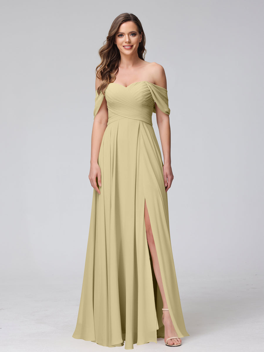 A-Line Off-the-Shoulder Sleeveless Ruched Long Chiffon Bridesmaid Dresses with Split Side Champagne