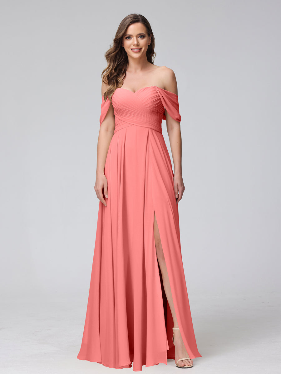 A-Line Off-the-Shoulder Sleeveless Ruched Long Chiffon Bridesmaid Dresses with Split Side Coral