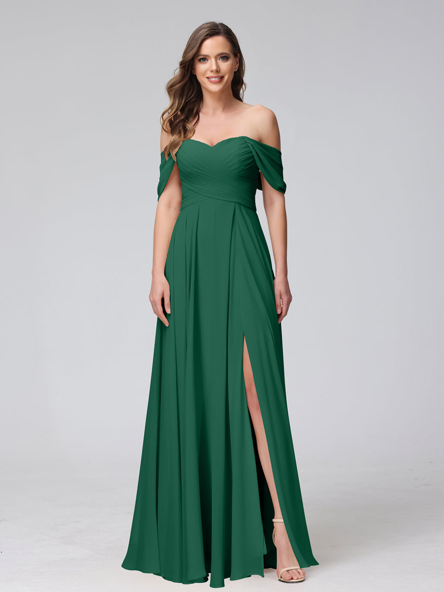 A-Line Off-the-Shoulder Sleeveless Ruched Long Chiffon Bridesmaid Dresses with Split Side Dark Green