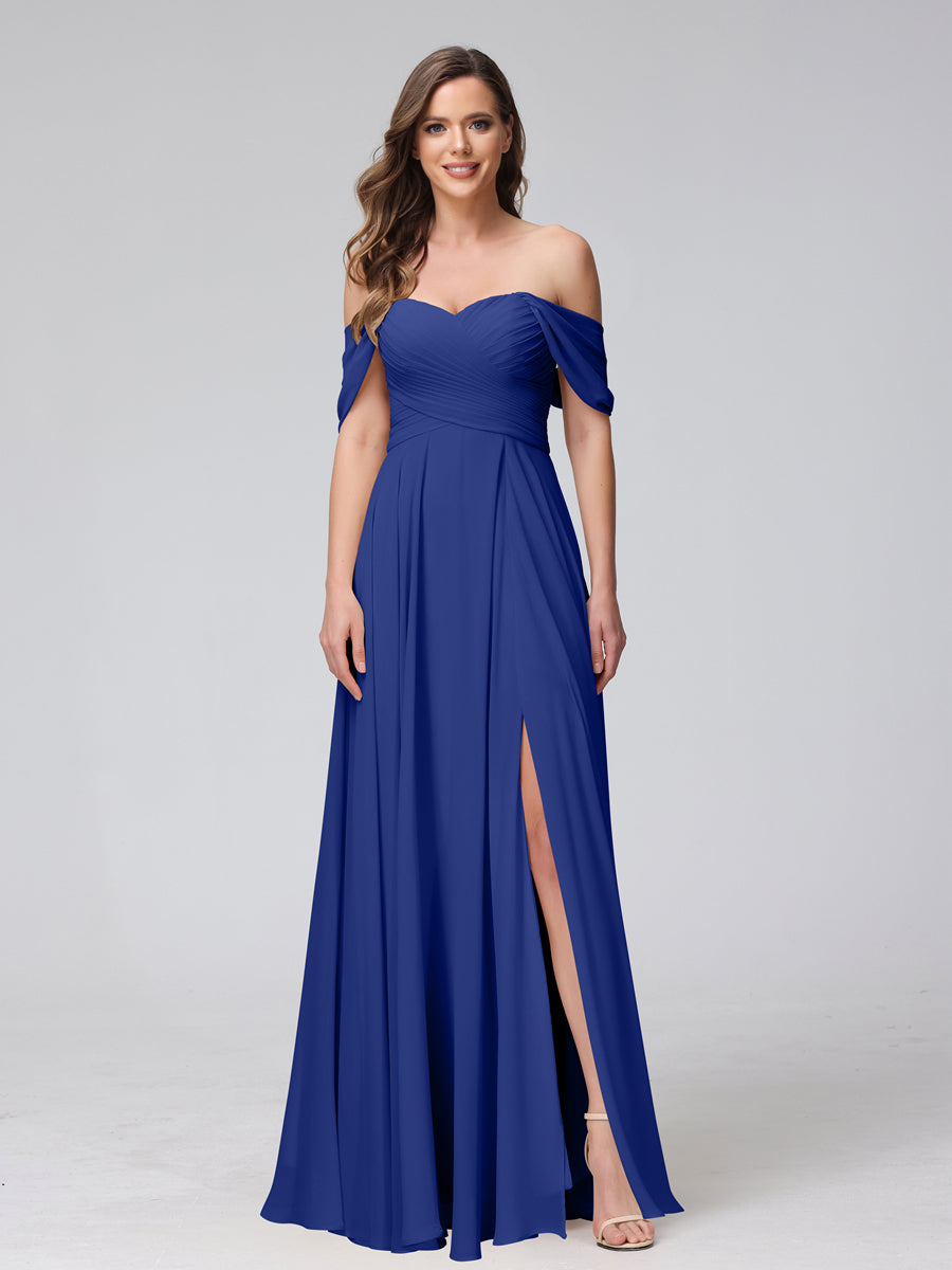 A-Line Off-the-Shoulder Sleeveless Ruched Long Chiffon Bridesmaid Dresses with Split Side Dark Royal Blue