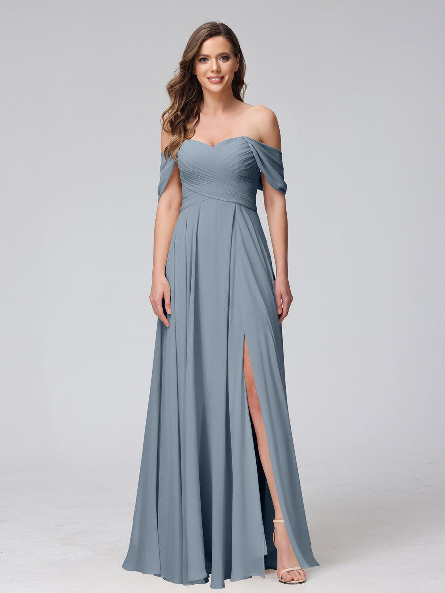 A-Line Off-the-Shoulder Sleeveless Ruched Long Chiffon Bridesmaid Dresses with Split Side Dusty Blue