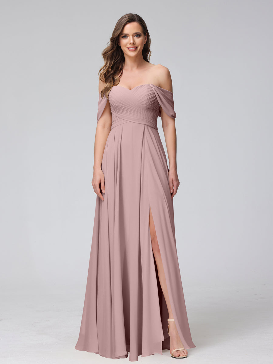 A-Line Off-the-Shoulder Sleeveless Ruched Long Chiffon Bridesmaid Dresses with Split Side Dusty Pink
