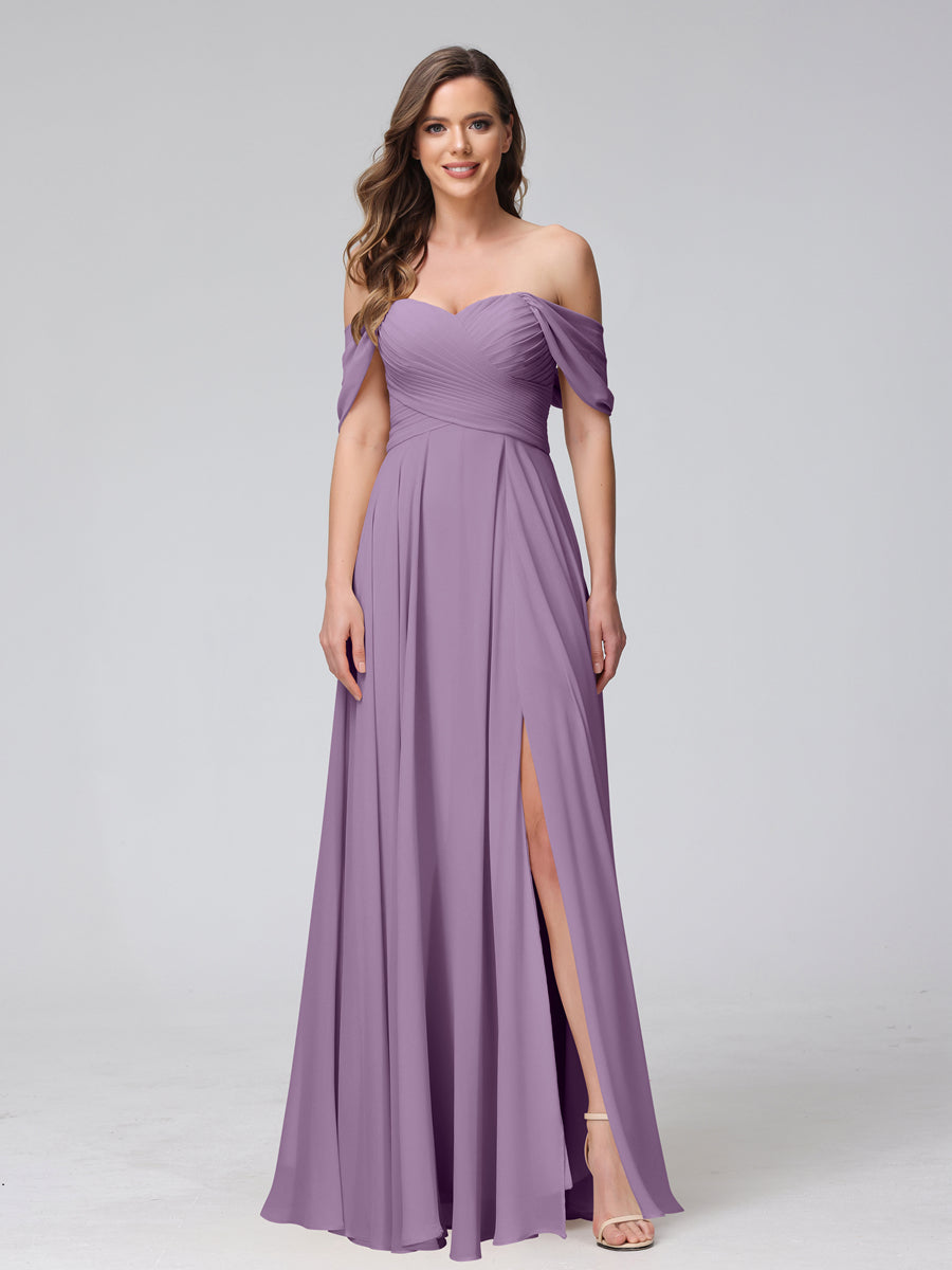 A-Line Off-the-Shoulder Sleeveless Ruched Long Chiffon Bridesmaid Dresses with Split Side Dusty Purple