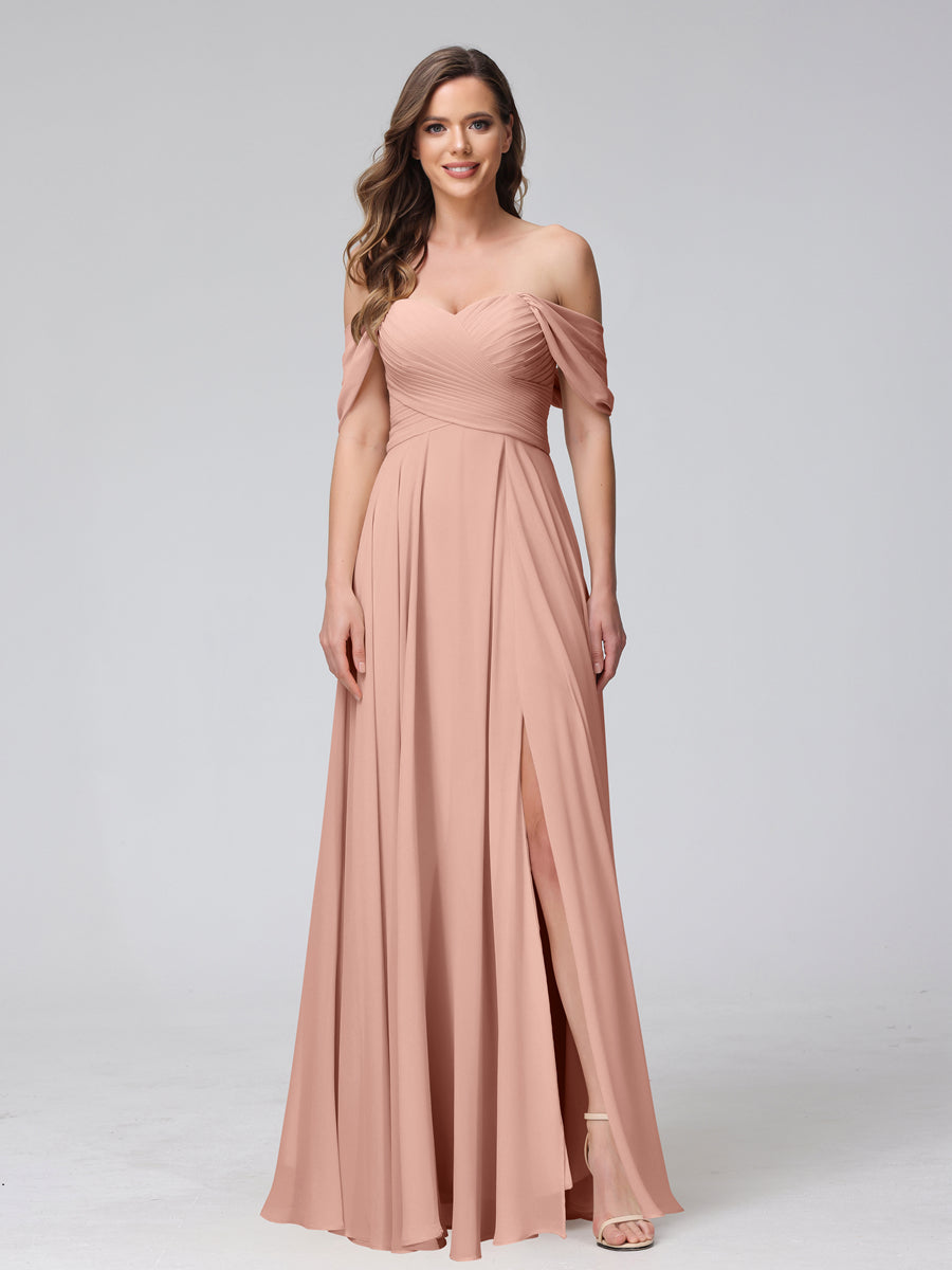 A-Line Off-the-Shoulder Sleeveless Ruched Long Chiffon Bridesmaid Dresses with Split Side Dusty Rose