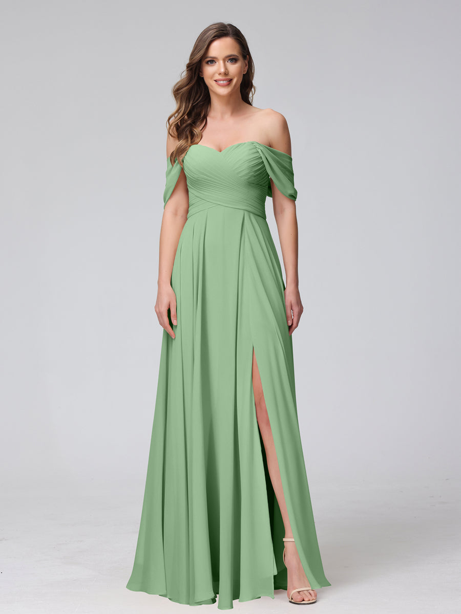 A-Line Off-the-Shoulder Sleeveless Ruched Long Chiffon Bridesmaid Dresses with Split Side Dusty Sage