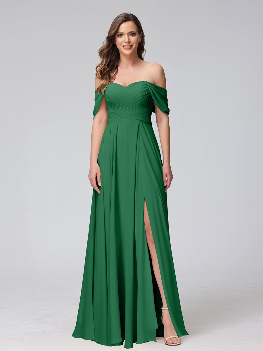 A-Line Off-the-Shoulder Sleeveless Ruched Long Chiffon Bridesmaid Dresses with Split Side Emerald