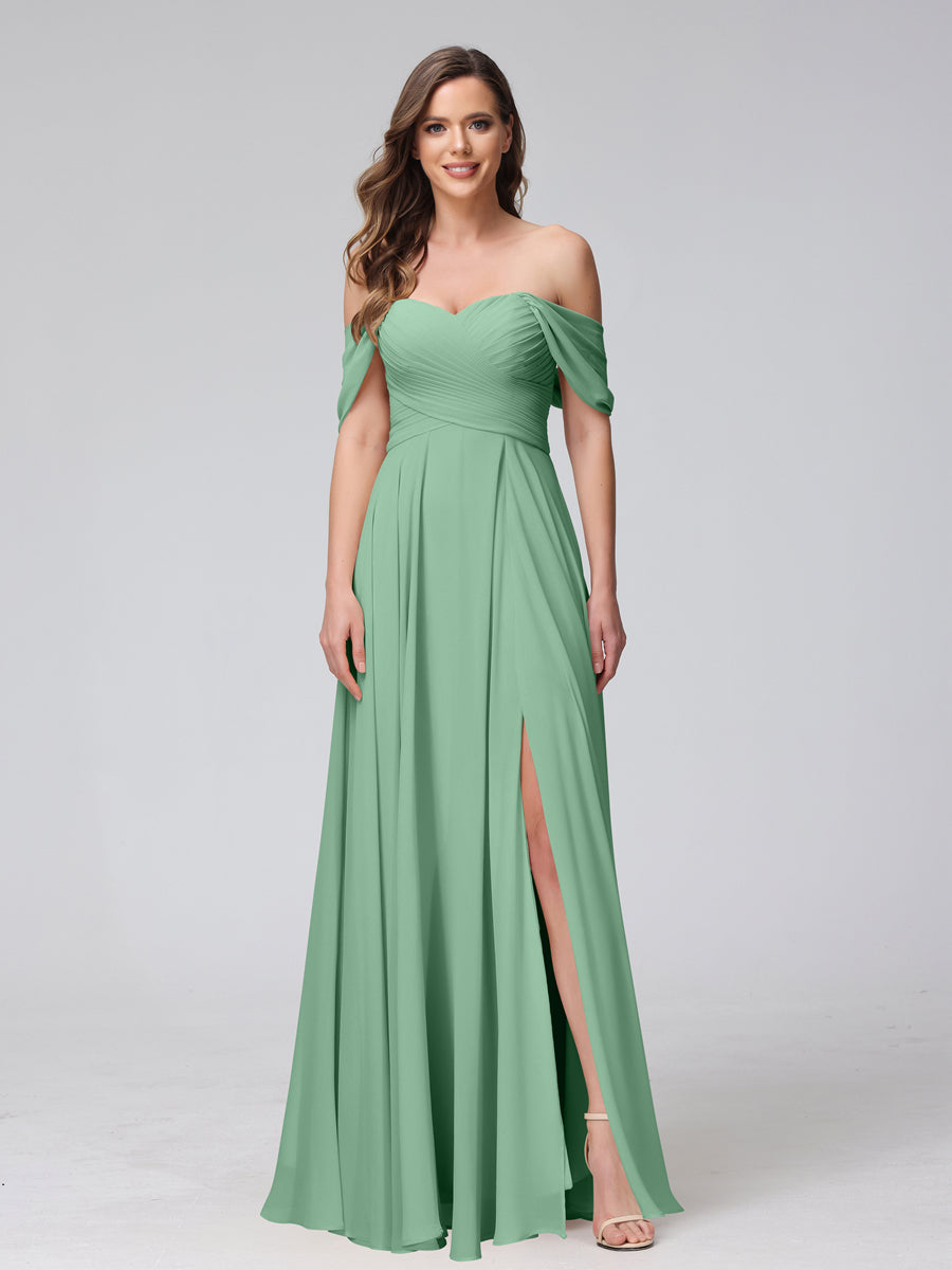 A-Line Off-the-Shoulder Sleeveless Ruched Long Chiffon Bridesmaid Dresses with Split Side Eucalyptus