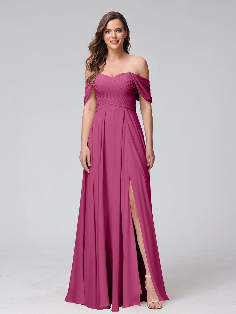 A-Line Off-the-Shoulder Sleeveless Ruched Long Chiffon Bridesmaid Dresses with Split Side Fuchsia