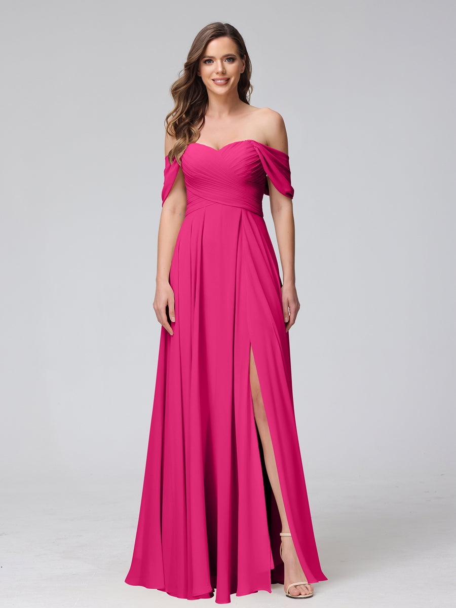 A-Line Off-the-Shoulder Sleeveless Ruched Long Chiffon Bridesmaid Dresses with Split Side Fuchsia Pink