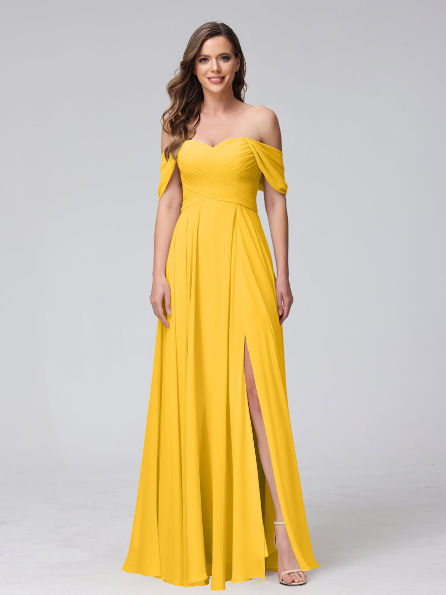 A-Line Off-the-Shoulder Sleeveless Ruched Long Chiffon Bridesmaid Dresses with Split Side Gold