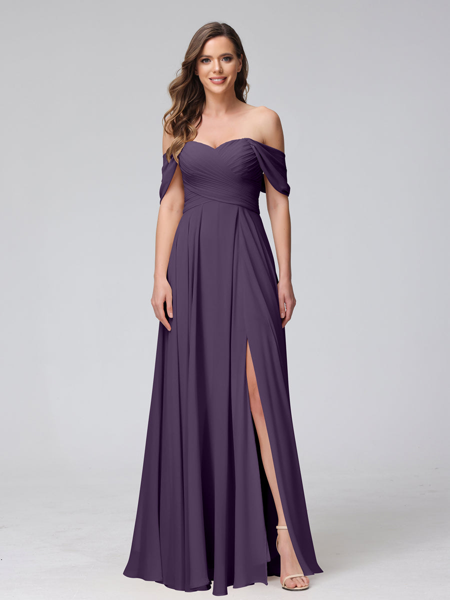A-Line Off-the-Shoulder Sleeveless Ruched Long Chiffon Bridesmaid Dresses with Split Side Grape