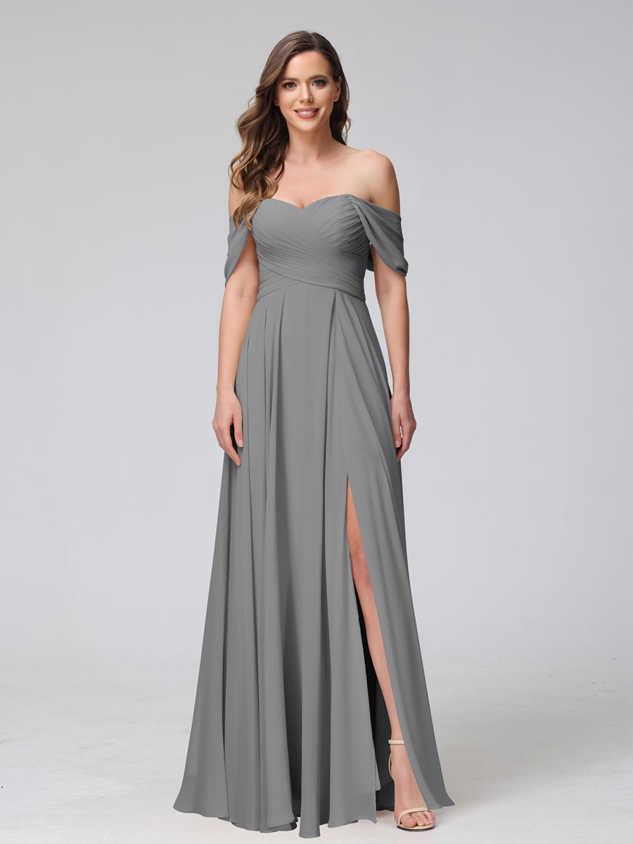 A-Line Off-the-Shoulder Sleeveless Ruched Long Chiffon Bridesmaid Dresses with Split Side Gray