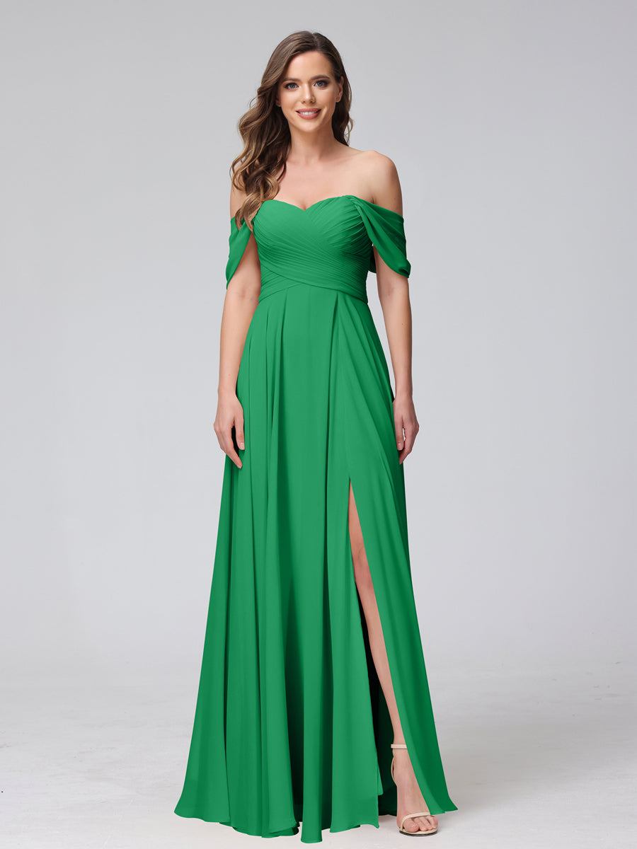 A-Line Off-the-Shoulder Sleeveless Ruched Long Chiffon Bridesmaid Dresses with Split Side Green