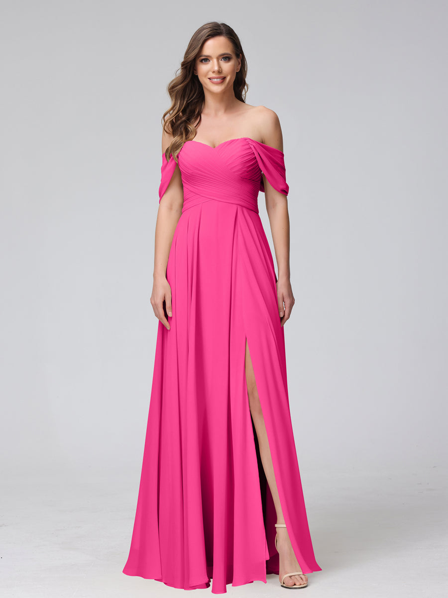 A-Line Off-the-Shoulder Sleeveless Ruched Long Chiffon Bridesmaid Dresses with Split Side Hot Pink