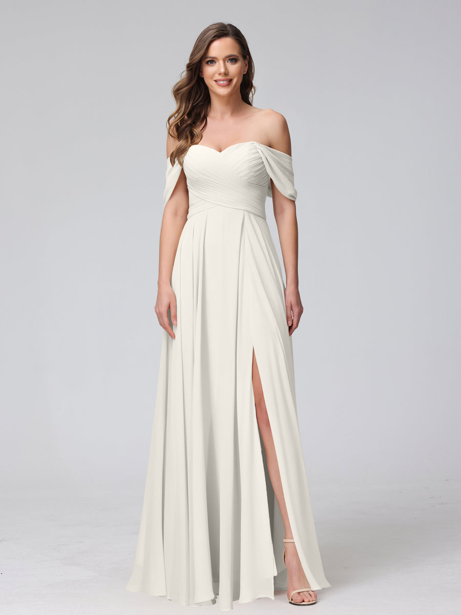 A-Line Off-the-Shoulder Sleeveless Ruched Long Chiffon Bridesmaid Dresses with Split Side Ivory
