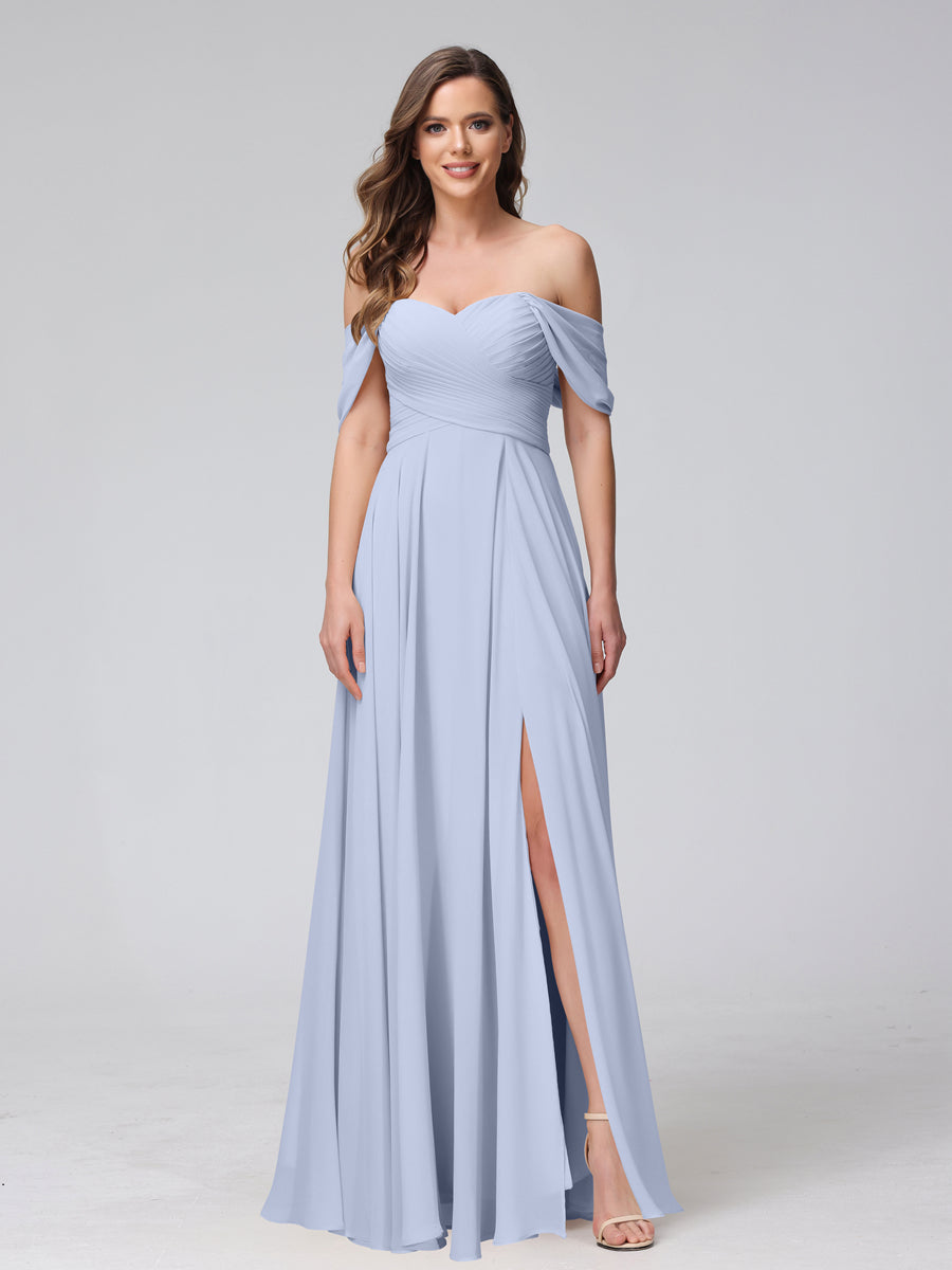 A-Line Off-the-Shoulder Sleeveless Ruched Long Chiffon Bridesmaid Dresses with Split Side Lavender