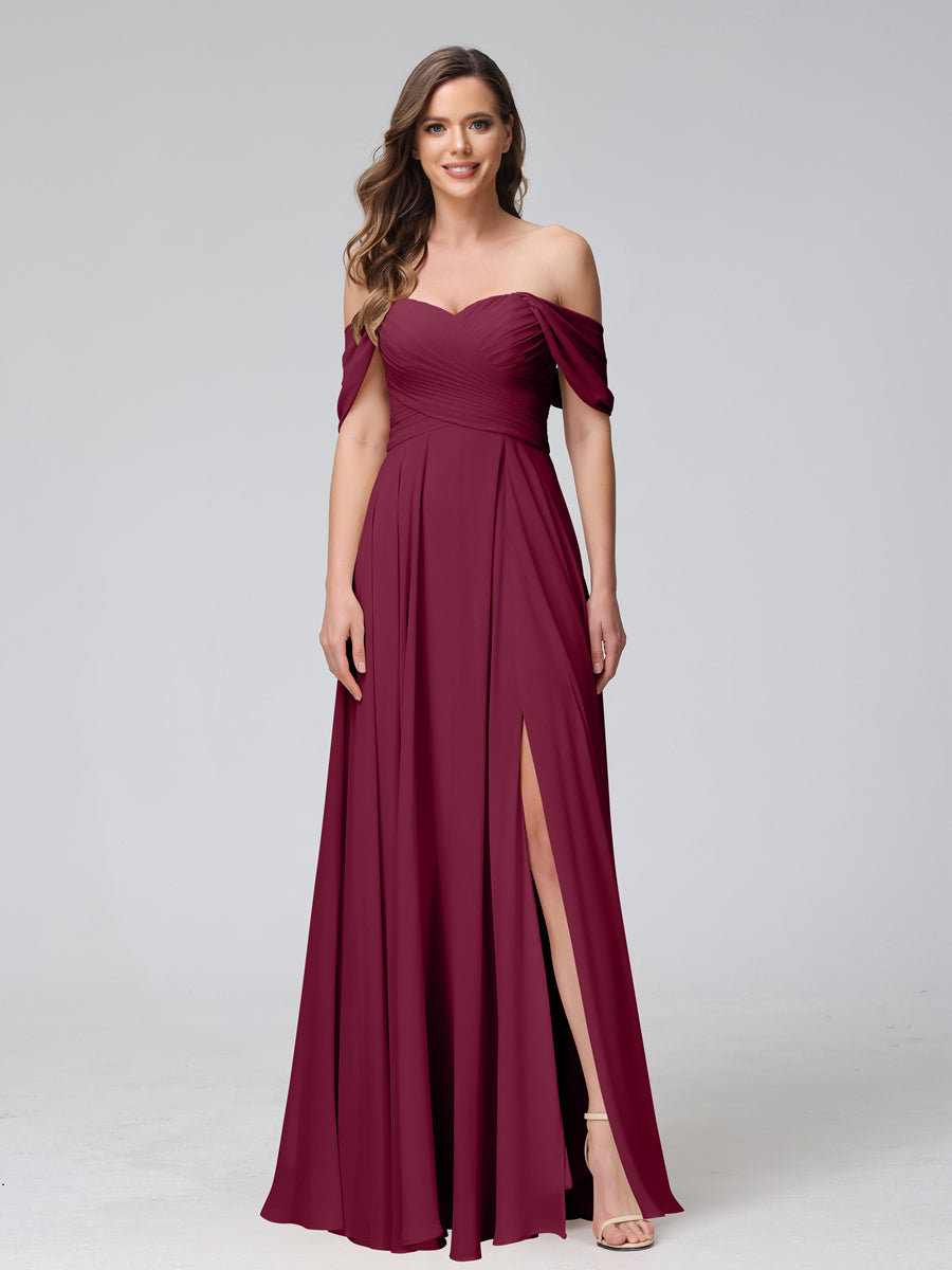 A-Line Off-the-Shoulder Sleeveless Ruched Long Chiffon Bridesmaid Dresses with Split Side Light Burgundy