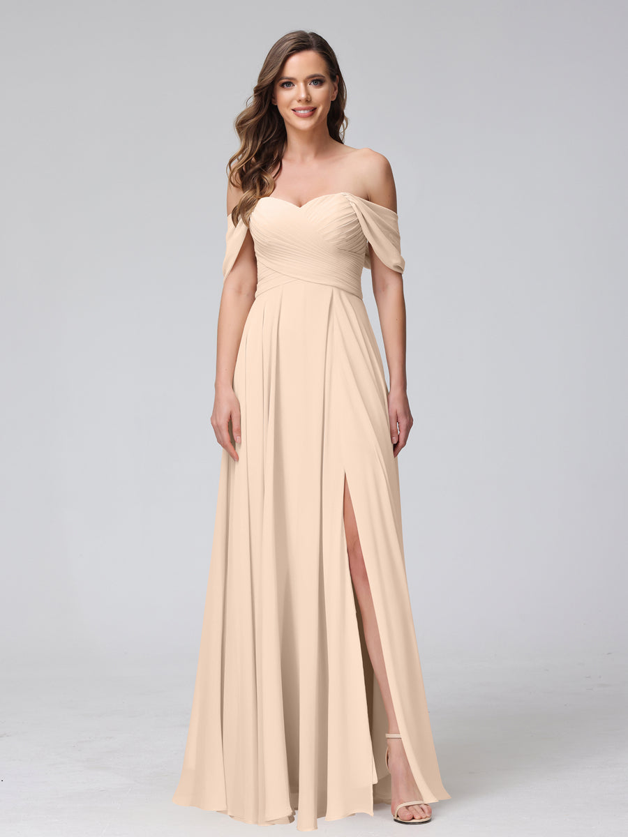 A-Line Off-the-Shoulder Sleeveless Ruched Long Chiffon Bridesmaid Dresses with Split Side Light Champagne