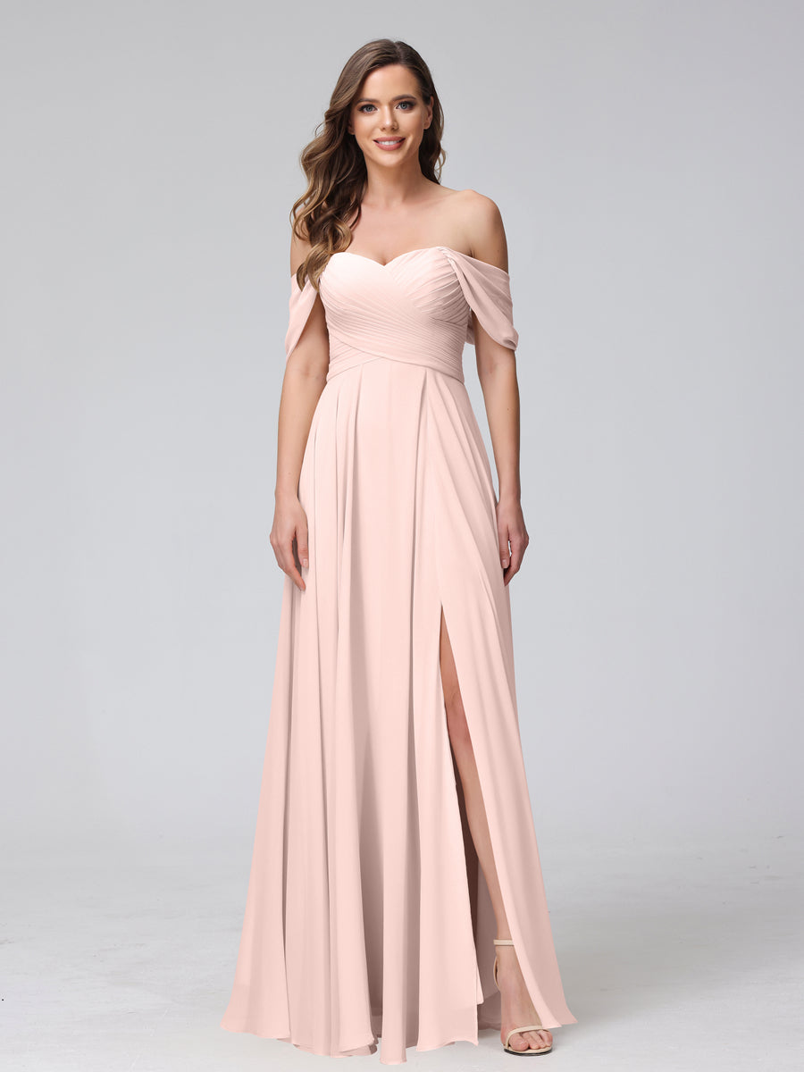 A-Line Off-the-Shoulder Sleeveless Ruched Long Chiffon Bridesmaid Dresses with Split Side Light Pink
