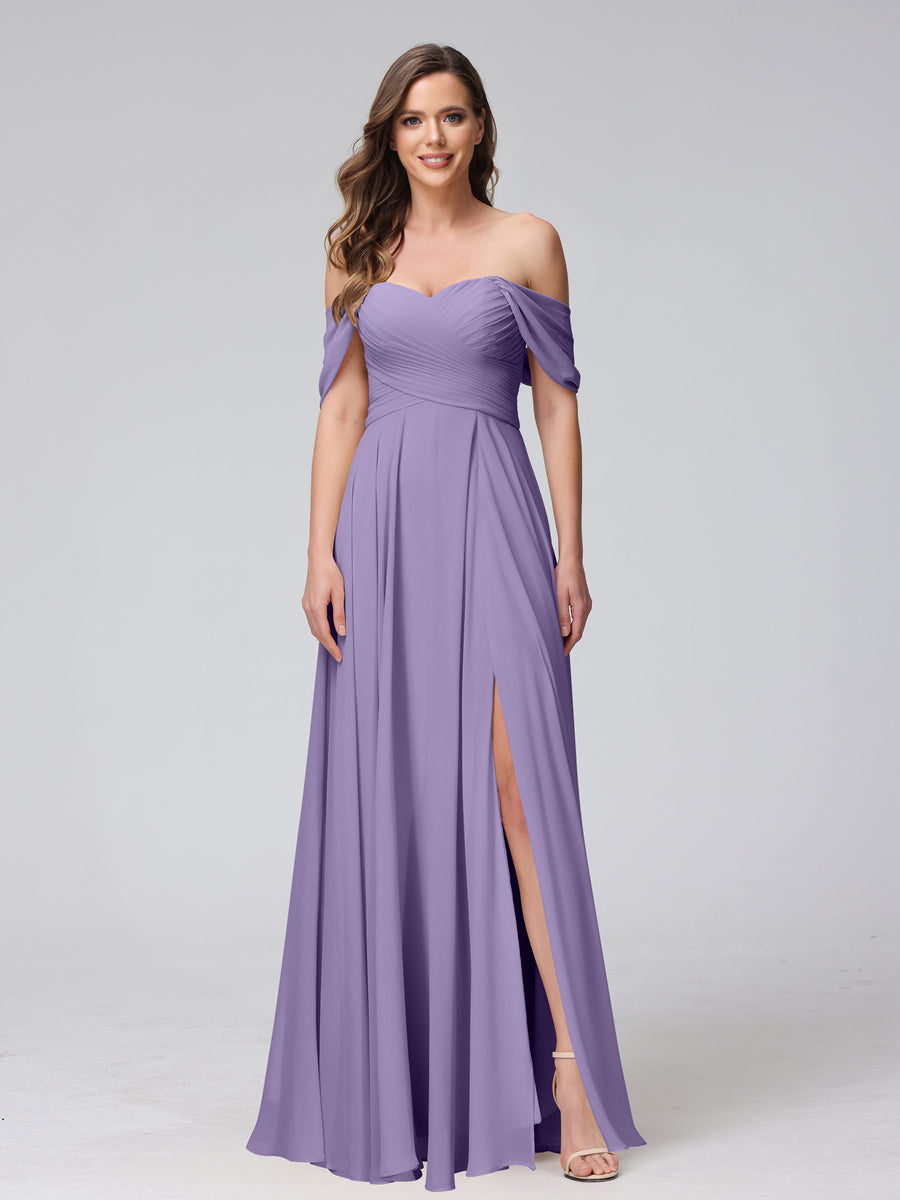 A-Line Off-the-Shoulder Sleeveless Ruched Long Chiffon Bridesmaid Dresses with Split Side Light Purple