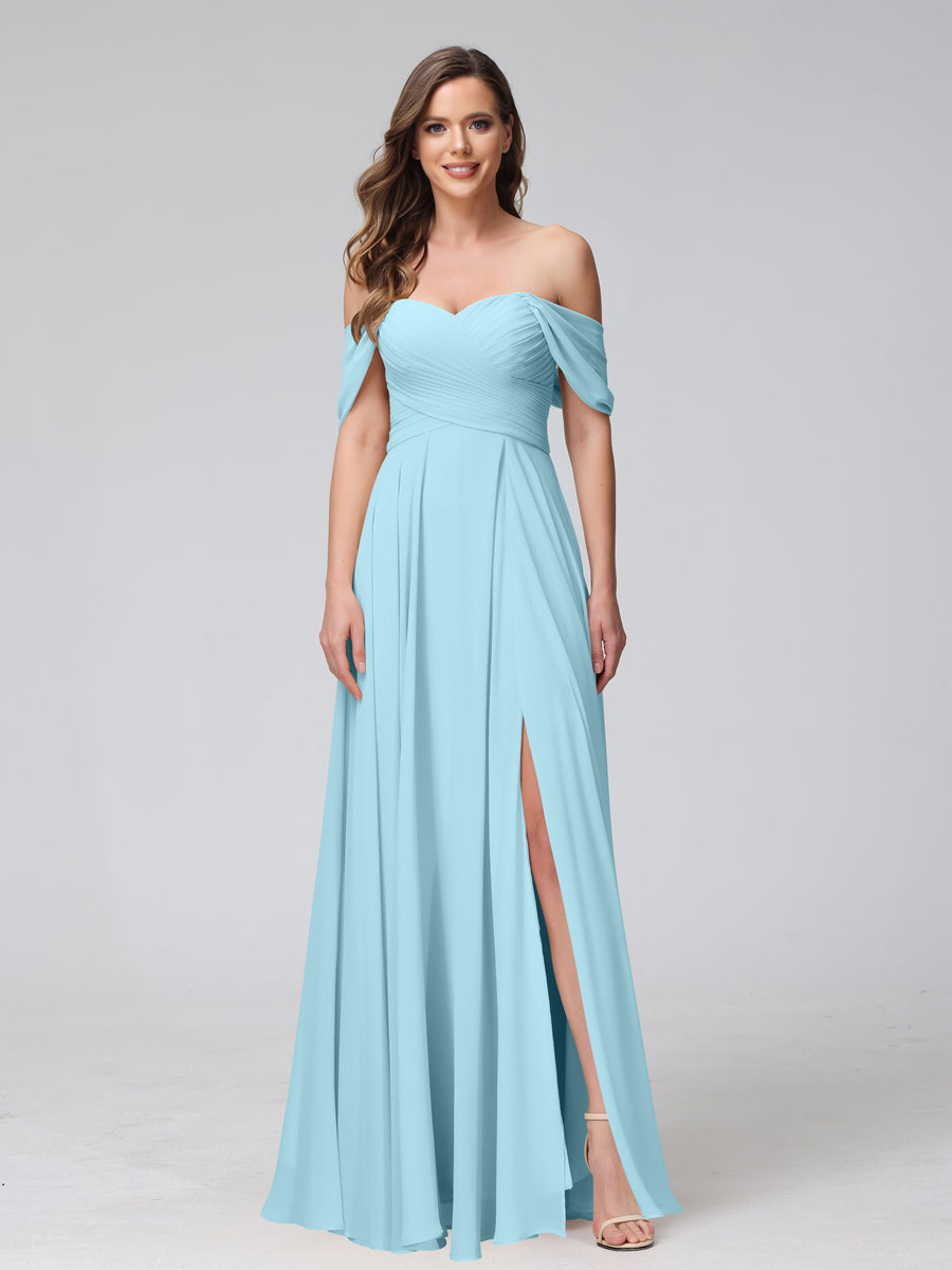 A-Line Off-the-Shoulder Sleeveless Ruched Long Chiffon Bridesmaid Dresses with Split Side Light Sky Blue