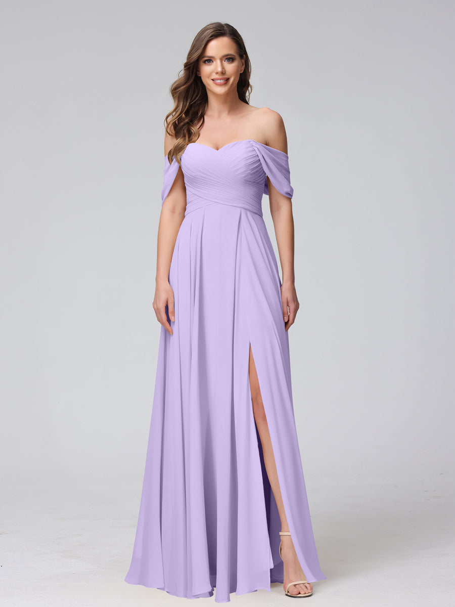 A-Line Off-the-Shoulder Sleeveless Ruched Long Chiffon Bridesmaid Dresses with Split Side Lilac