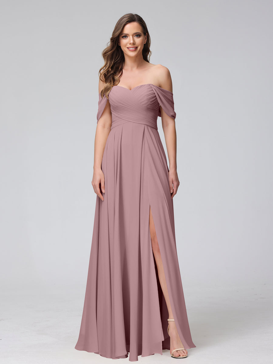 A-Line Off-the-Shoulder Sleeveless Ruched Long Chiffon Bridesmaid Dresses with Split Side Mauve