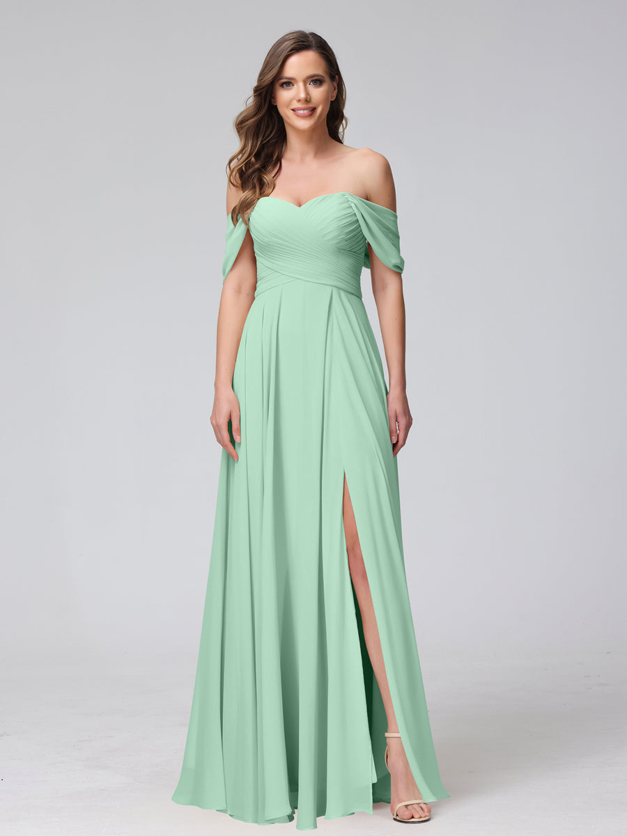 A-Line Off-the-Shoulder Sleeveless Ruched Long Chiffon Bridesmaid Dresses with Split Side Mint Green