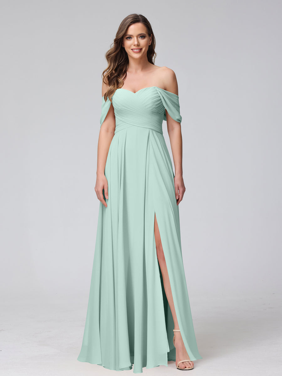 A-Line Off-the-Shoulder Sleeveless Ruched Long Chiffon Bridesmaid Dresses with Split Side Mist Blue