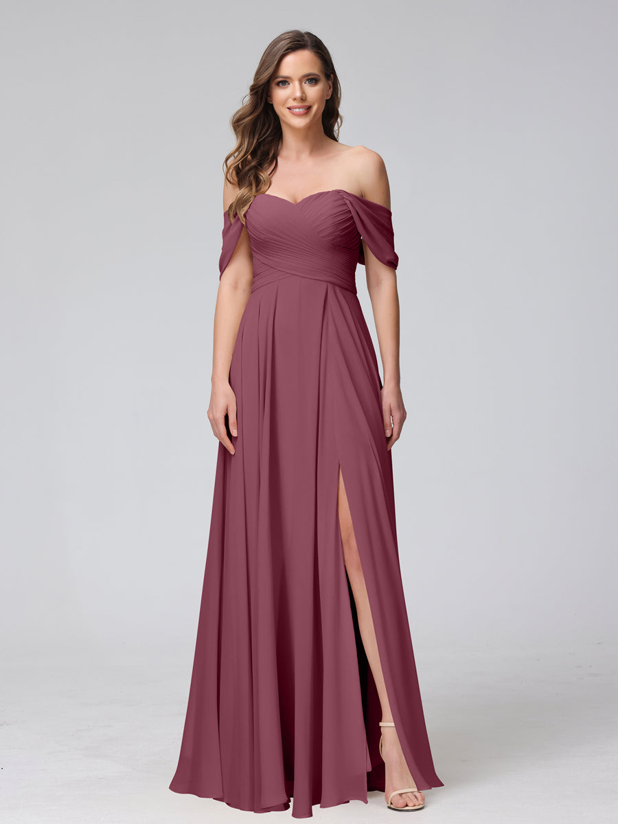 A-Line Off-the-Shoulder Sleeveless Ruched Long Chiffon Bridesmaid Dresses with Split Side Mulberry