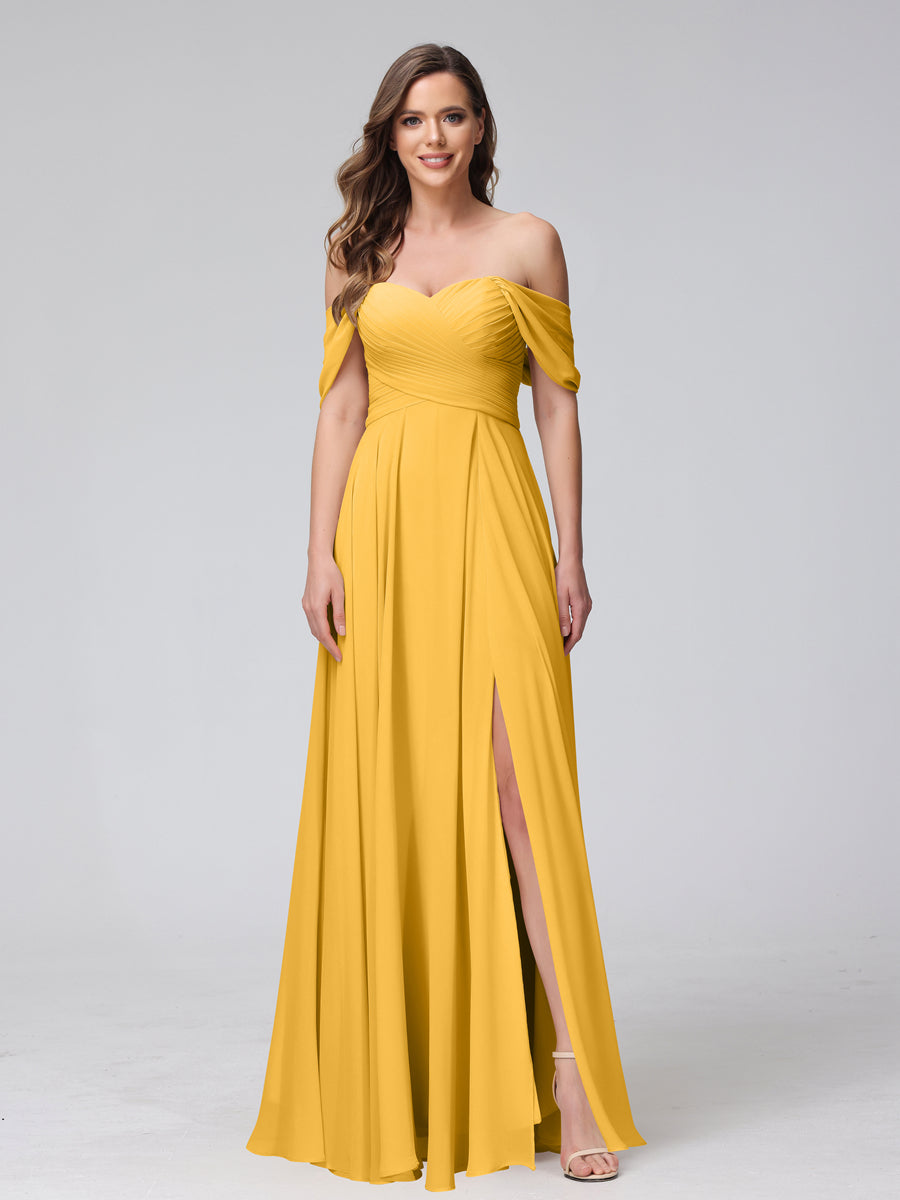 A-Line Off-the-Shoulder Sleeveless Ruched Long Chiffon Bridesmaid Dresses with Split Side Mustard Yellow