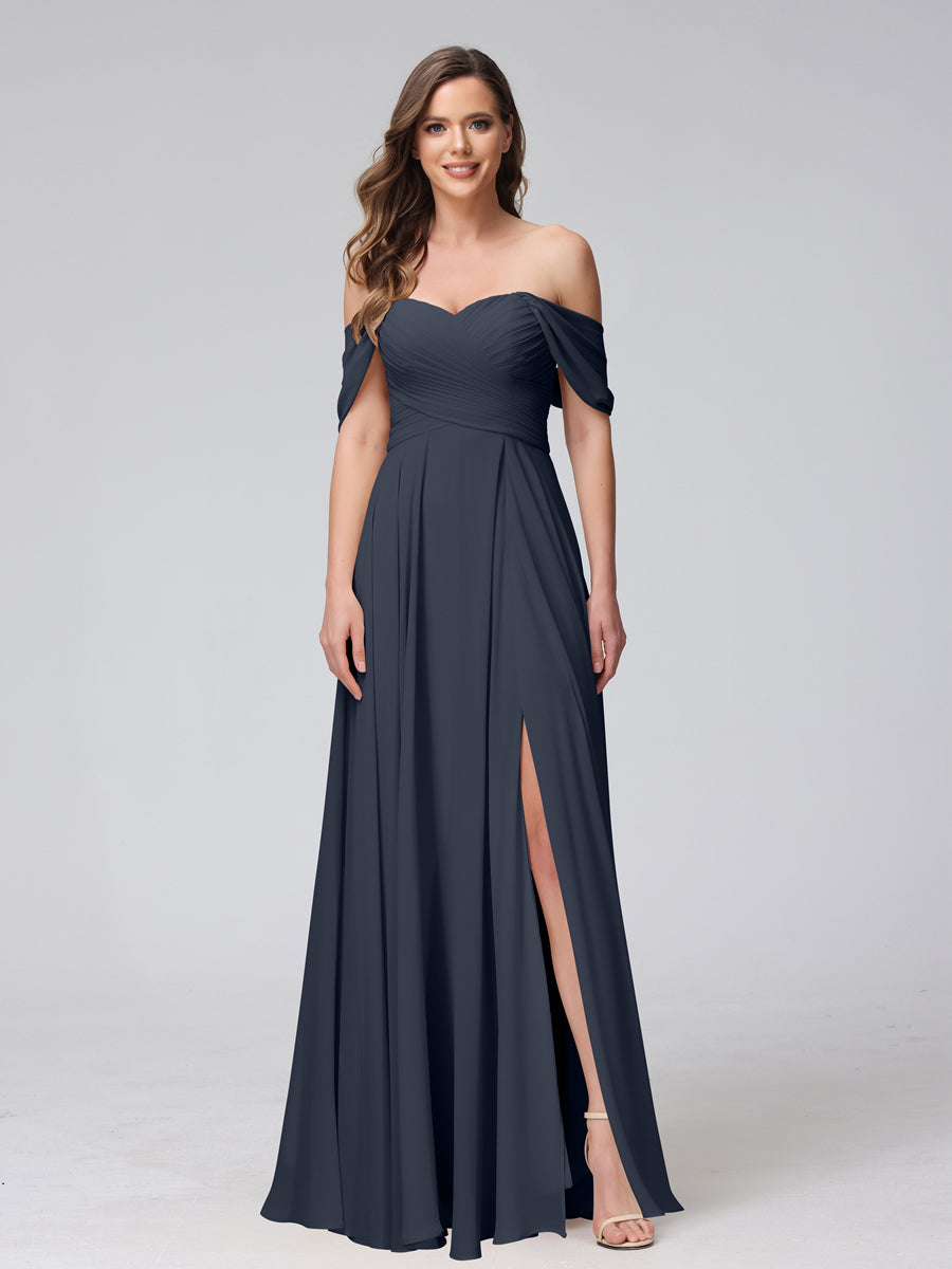A-Line Off-the-Shoulder Sleeveless Ruched Long Chiffon Bridesmaid Dresses with Split Side Navy Blue