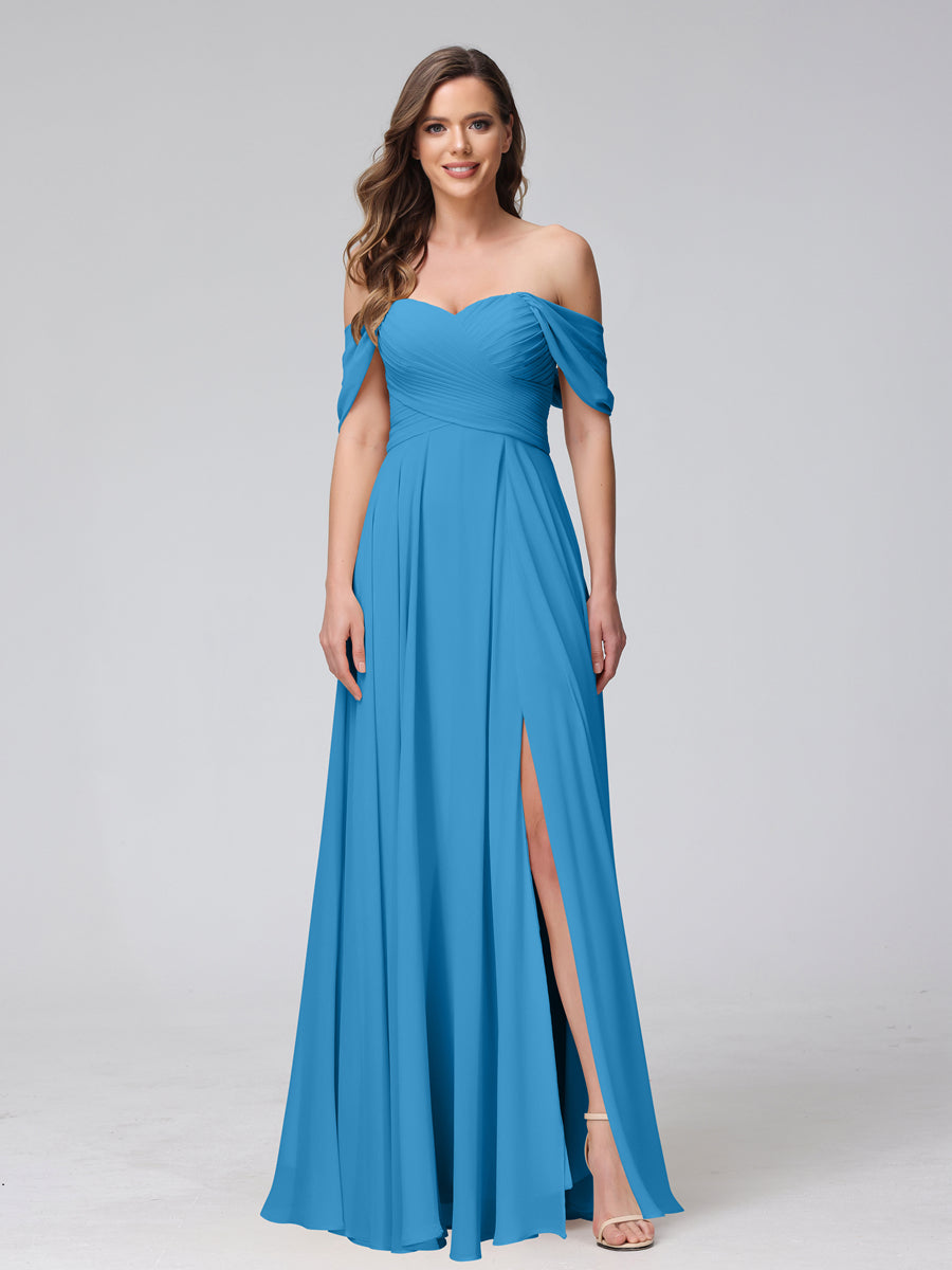 A-Line Off-the-Shoulder Sleeveless Ruched Long Chiffon Bridesmaid Dresses with Split Side Ocean Blue