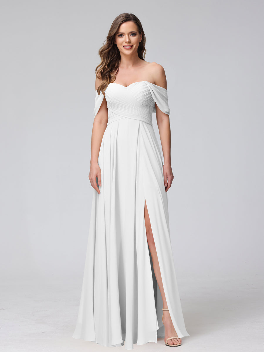 A-Line Off-the-Shoulder Sleeveless Ruched Long Chiffon Bridesmaid Dresses with Split Side Off White
