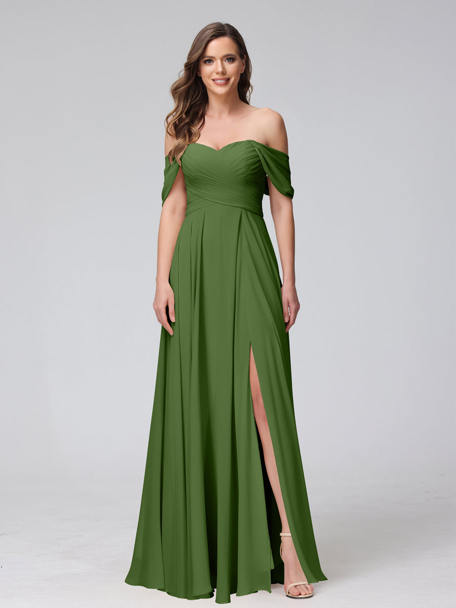 A-Line Off-the-Shoulder Sleeveless Ruched Long Chiffon Bridesmaid Dresses with Split Side Olive Green