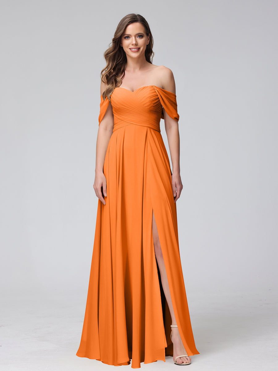 A-Line Off-the-Shoulder Sleeveless Ruched Long Chiffon Bridesmaid Dresses with Split Side Orange