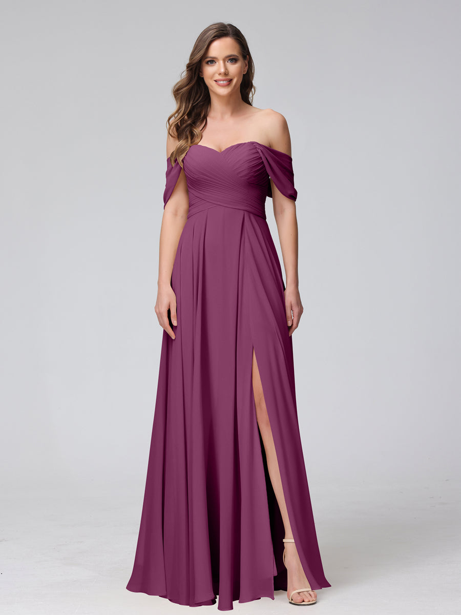 A-Line Off-the-Shoulder Sleeveless Ruched Long Chiffon Bridesmaid Dresses with Split Side Orchid