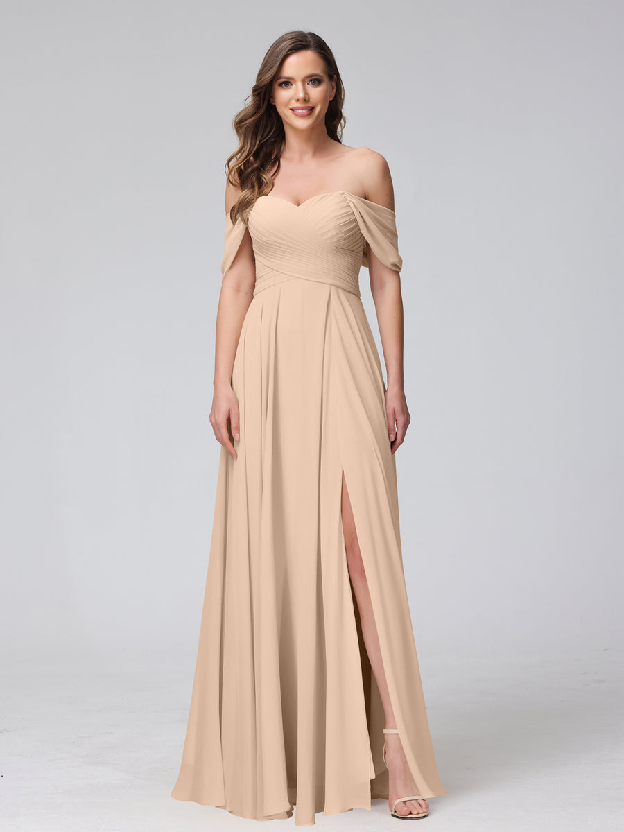 A-Line Off-the-Shoulder Sleeveless Ruched Long Chiffon Bridesmaid Dresses with Split Side Peach Pink