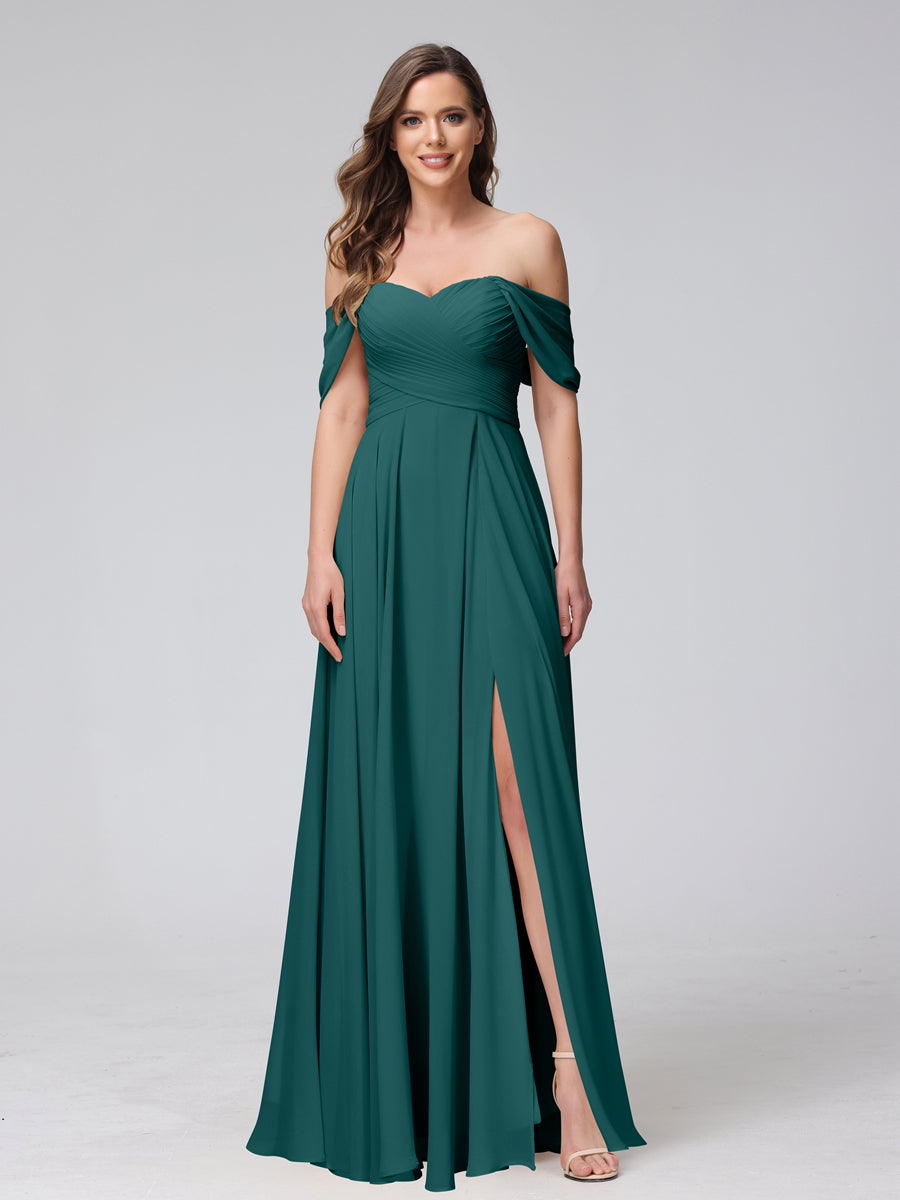 A-Line Off-the-Shoulder Sleeveless Ruched Long Chiffon Bridesmaid Dresses with Split Side Peacock